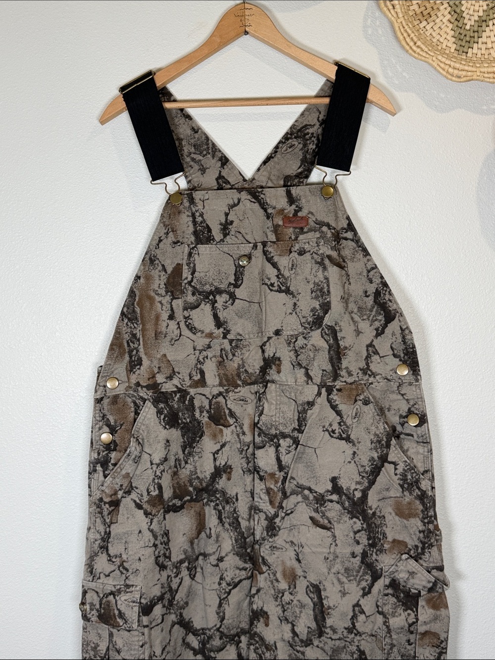 Woolrich Bib Overalls Cotton Natural Camo Cargo Pockets Hunting Mens Vintage L
